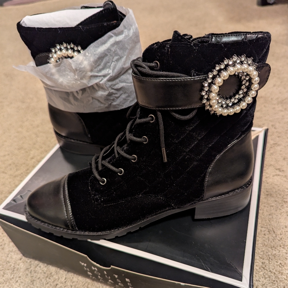 White House Black Market Elegant Black Women's Boots with Pearl Detail
